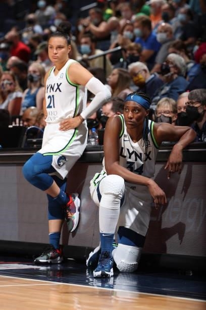 Sylvia Fowles of the Minnesota Lynx looks on during the game against the New York Liberty on August 15, 2021 at Target Center in Minneapolis,...