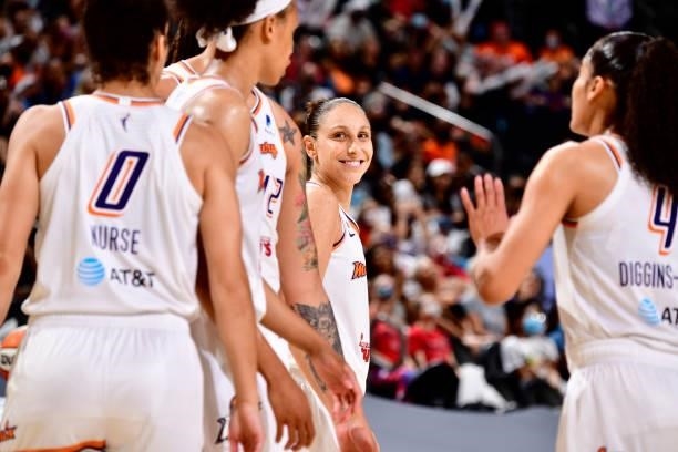 Diana Taurasi of the Phoenix Mercury smiles during the game against the Atlanta Dream on August 15, 2021 at Footprint Center in Phoenix, Arizona....