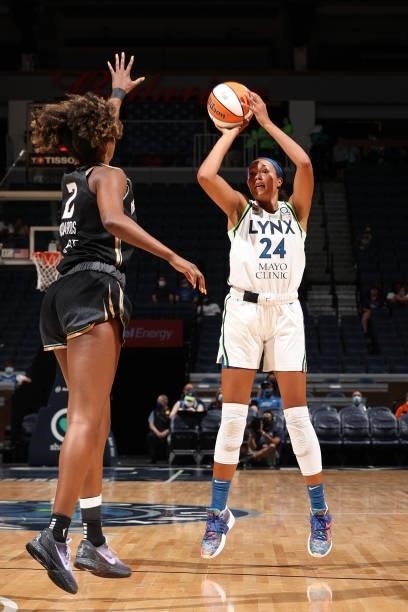 Napheesa Collier of the Minnesota Lynx shoots a three point basket during the game against the New York Liberty on August 15, 2021 at Target Center...