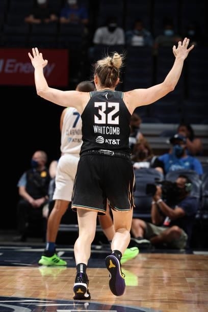 Sami Whitcomb of the New York Liberty celebrates during the game against the Minnesota Lynx on August 15, 2021 at Target Center in Minneapolis,...