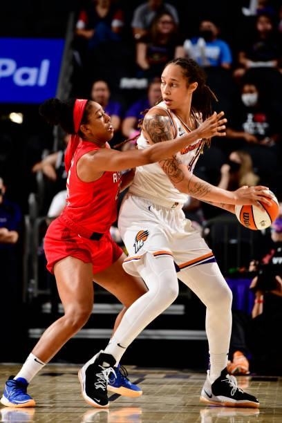Brittney Griner of the Phoenix Mercury handles the ball during the game against the Atlanta Dream on August 15, 2021 at Footprint Center in Phoenix,...