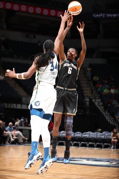 Natasha Howard of the New York Liberty shoots the ball during the game against the Minnesota Lynx on August 15, 2021 at Target Center in Minneapolis,...