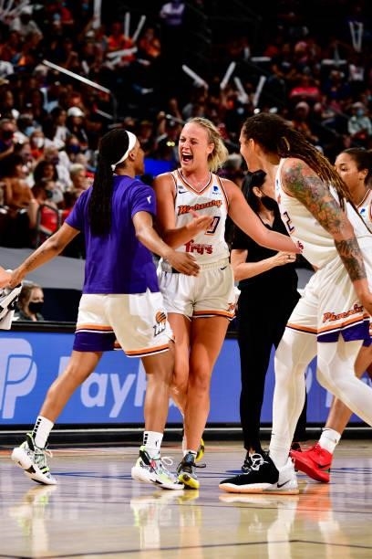 Sophie Cunningham of the Phoenix Mercury and teammates celebrate during the game against the Atlanta Dream on August 15, 2021 at Footprint Center in...