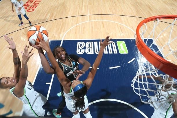 Michaela Onyenwere of the New York Liberty shoots the ball during the game against the Minnesota Lynx on August 15, 2021 at Target Center in...