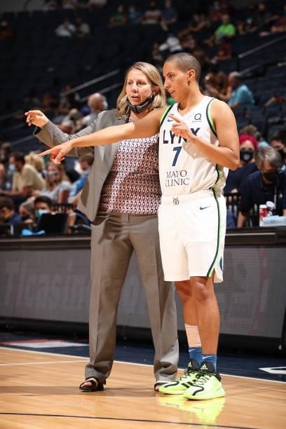 Head Coach Cheryl Reeve of the Minnesota Lynx talks with Layshia Clarendon 37 during the game against the New York Liberty on August 15, 2021 at...