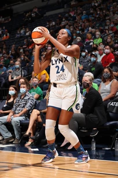 Napheesa Collier of the Minnesota Lynx shoots a three point basket during the game against the New York Liberty on August 15, 2021 at Target Center...