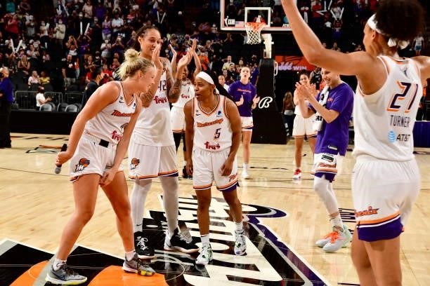 The Phoenix Mercury celebrate after the game against the Atlanta Dream on August 15, 2021 at Footprint Center in Phoenix, Arizona. NOTE TO USER: User...