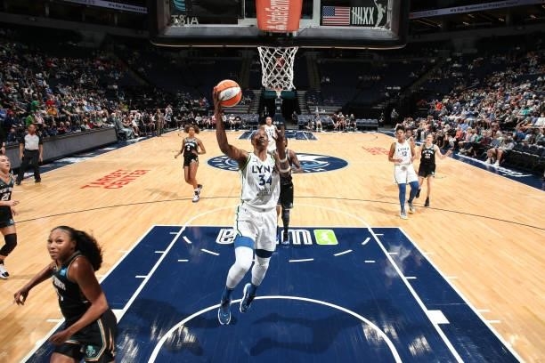 Sylvia Fowles of the Minnesota Lynx shoots the ball during the game against the New York Liberty on August 15, 2021 at Target Center in Minneapolis,...