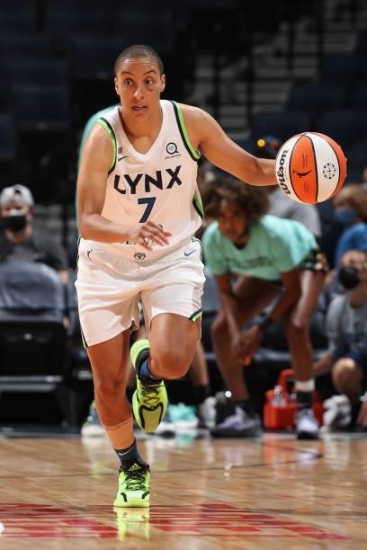 Layshia Clarendon of the Minnesota Lynx dribbles the ball during the game against the New York Liberty on August 15, 2021 at Target Center in...