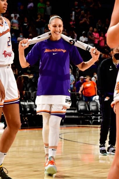 Diana Taurasi of the Phoenix Mercury smiles after the game against the Atlanta Dream on August 15, 2021 at Footprint Center in Phoenix, Arizona. NOTE...
