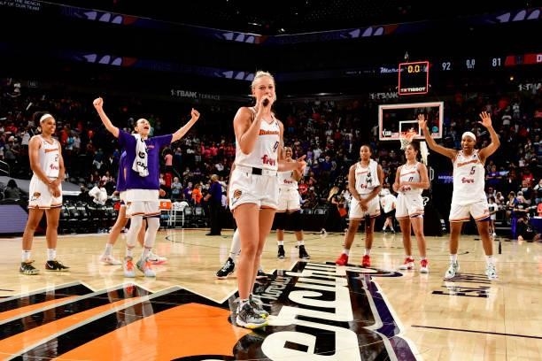 Sophie Cunningham of the Phoenix Mercury talks to fans after the game against the Atlanta Dream on August 15, 2021 at Footprint Center in Phoenix,...