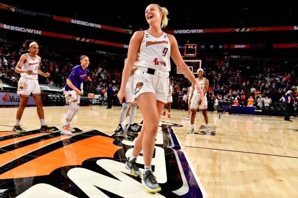 Sophie Cunningham of the Phoenix Mercury smiles after the game against the Atlanta Dream on August 15, 2021 at Footprint Center in Phoenix, Arizona....
