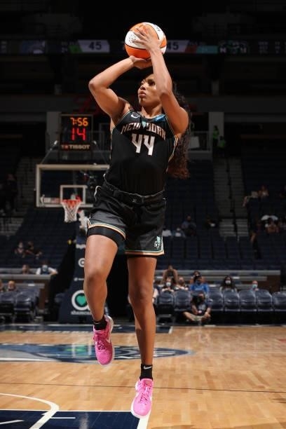 Betnijah Laney of the New York Liberty shoots the ball during the game against the Minnesota Lynx on August 15, 2021 at Target Center in Minneapolis,...