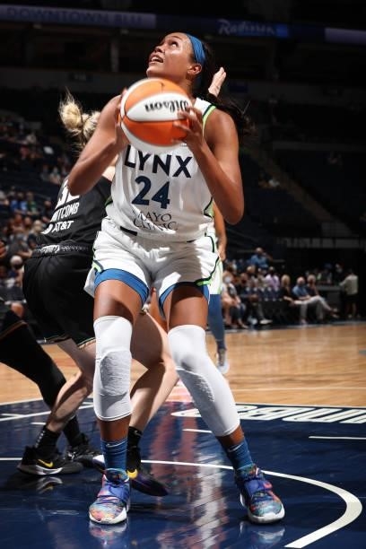 Napheesa Collier of the Minnesota Lynx drives to the basket during the game against the New York Liberty on August 15, 2021 at Target Center in...