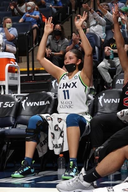 Natalie Achonwa of the Minnesota Lynx celebrates during the game against the New York Liberty on August 15, 2021 at Target Center in Minneapolis,...