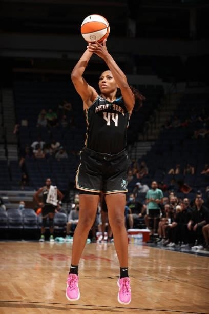Betnijah Laney of the New York Liberty shoots a three point basket during the game against the Minnesota Lynx on August 15, 2021 at Target Center in...