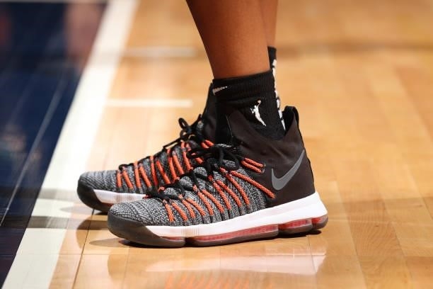 The sneakers of Leaonna Odom of the New York Liberty during the game against the Minnesota Lynx on August 15, 2021 at Target Center in Minneapolis,...