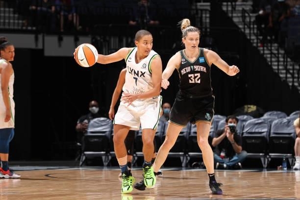Sami Whitcomb of the New York Liberty plays defense on Layshia Clarendon of the Minnesota Lynx during the game on August 15, 2021 at Target Center in...