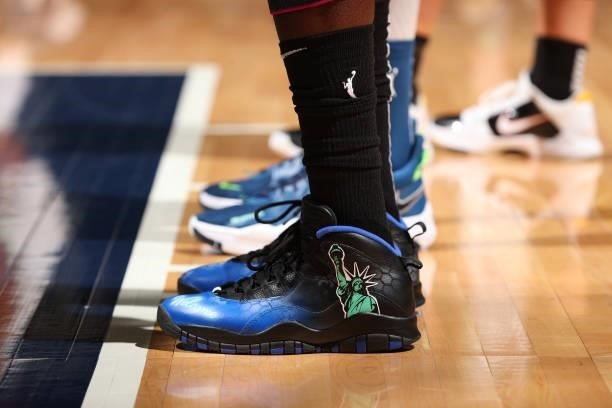 The sneakers of Natasha Howard of the New York Liberty during the game against the Minnesota Lynx on August 15, 2021 at Target Center in Minneapolis,...