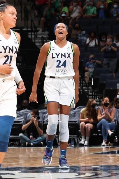 Napheesa Collier of the Minnesota Lynx celebrates during the game against the New York Liberty on August 15, 2021 at Target Center in Minneapolis,...