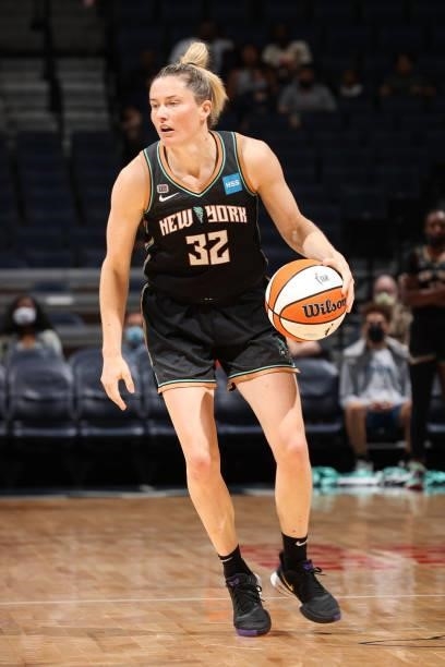 Sami Whitcomb of the New York Liberty dribbles the ball during the game against the Minnesota Lynx on August 15, 2021 at Target Center in...
