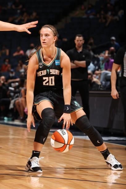 Sabrina Ionescu of the New York Liberty dribbles the ball during the game against the Minnesota Lynx on August 15, 2021 at Target Center in...