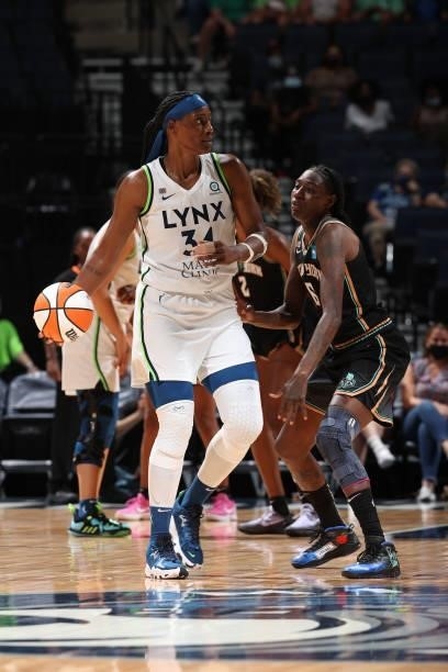 Sylvia Fowles of the Minnesota Lynx dribbles the ball during the game against the New York Liberty on August 15, 2021 at Target Center in...