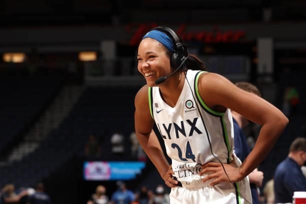 Napheesa Collier of the Minnesota Lynx is interviewed after the game against the New York Liberty on August 15, 2021 at Target Center in Minneapolis,...