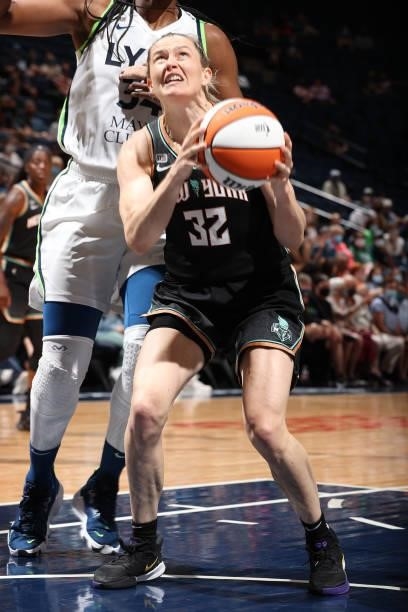 Sami Whitcomb of the New York Liberty drives to the basket during the game against the Minnesota Lynx on August 15, 2021 at Target Center in...