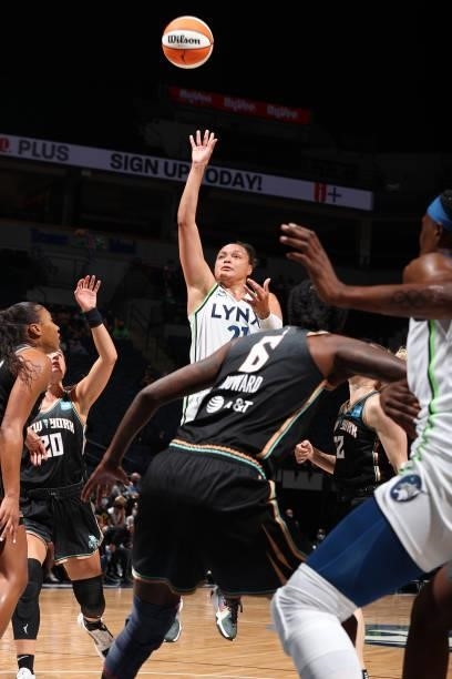 Kayla McBride of the Minnesota Lynx shoots the ball during the game against the New York Liberty on August 15, 2021 at Target Center in Minneapolis,...