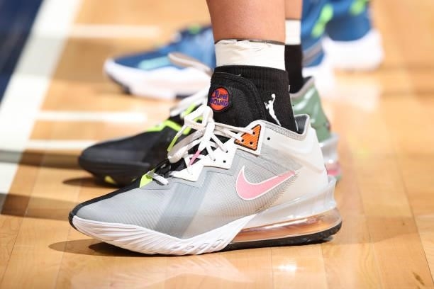 The sneakers of Kylee Shook of the New York Liberty during the game against the Minnesota Lynx on August 15, 2021 at Target Center in Minneapolis,...