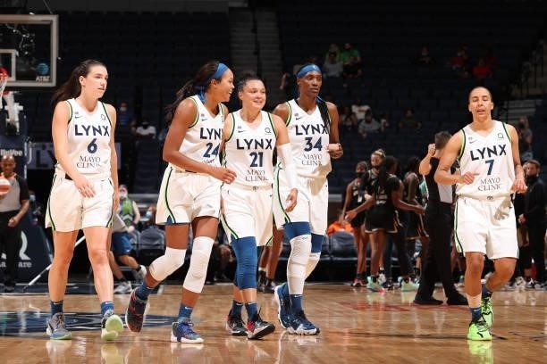 Napheesa Collier and Kayla McBride of the Minnesota Lynx celebrate during the game against the New York Liberty on August 15, 2021 at Target Center...