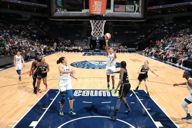 Layshia Clarendon of the Minnesota Lynx shoots the ball during the game against the New York Liberty on August 15, 2021 at Target Center in...