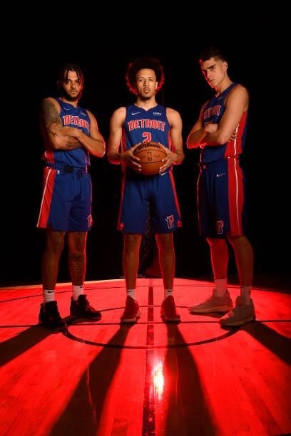 Isaiah Livers, Cade Cunningham and Luka Garza of Detroit Pistons pose for a portrait during the 2021 NBA Rookie Photo Shoot on August 15, 2021 at the...