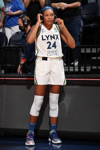 Napheesa Collier of the Minnesota Lynx is interviewed after the game against the New York Liberty on August 15, 2021 at Target Center in Minneapolis,...