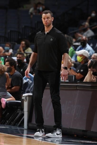 Head Coach Walt Hopkins of the New York Liberty looks on during the game against the Minnesota Lynx on August 15, 2021 at Target Center in...