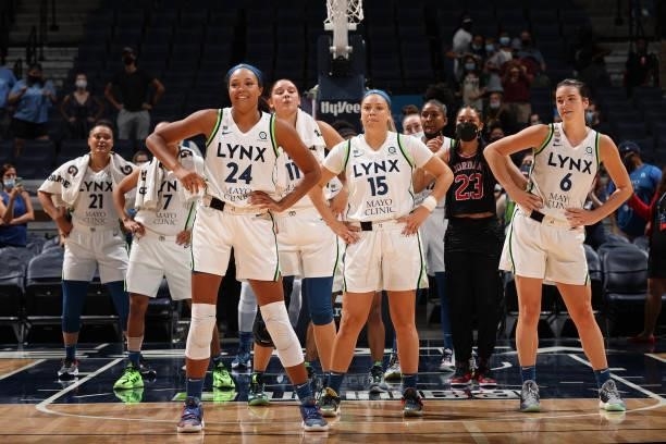 The Minnesota Lynx celebrate after the game against the New York Liberty on August 15, 2021 at Target Center in Minneapolis, Minnesota. NOTE TO USER:...