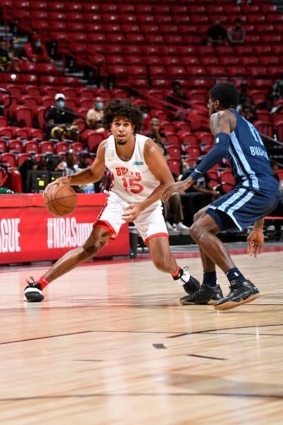 Ethan Thompson of the Chicago Bulls dribbles during the game against the Memphis Grizzlies during the 2021 Las Vegas Summer League on August 15, 2021...
