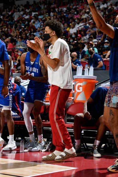 Cade Cunningham of the Detroit Pistons celebrates during the game against the Los Angeles Lakers during the 2021 Las Vegas Summer League on August...