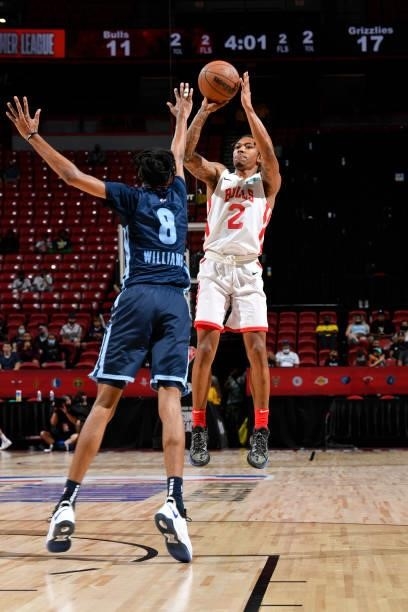 Jaylen Adams of the Chicago Bulls shoots the ball during the game against the Memphis Grizzlies during the 2021 Las Vegas Summer League on August 15,...