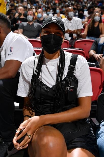 Liz Cambage of the Las Vegas Aces attends the game between the Detroit Pistons and the Los Angeles Lakers during the 2021 Las Vegas Summer League on...