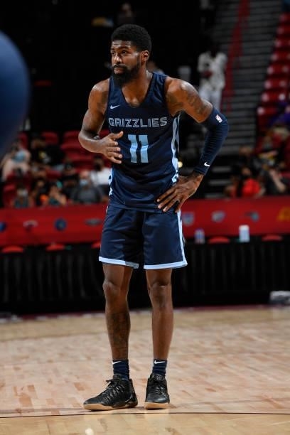 Shaq Buchanan of the Memphis Grizzlies looks on during the game against the Chicago Bulls during the 2021 Las Vegas Summer League on August 15, 2021...