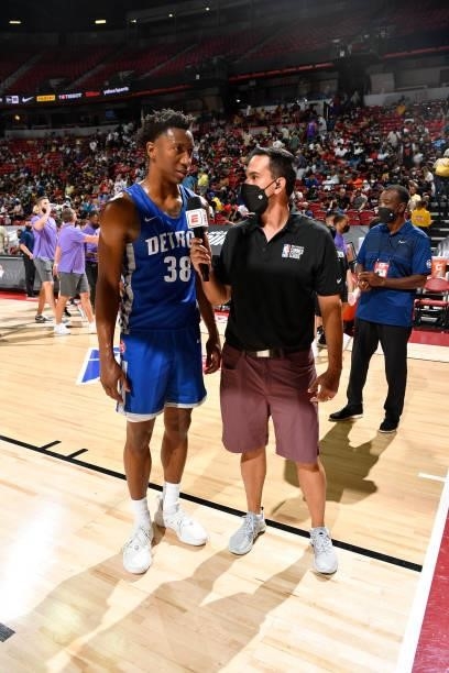 Saben Lee of the Detroit Pistons is interviewed during the game against the Los Angeles Lakers during the 2021 Las Vegas Summer League on August 14,...