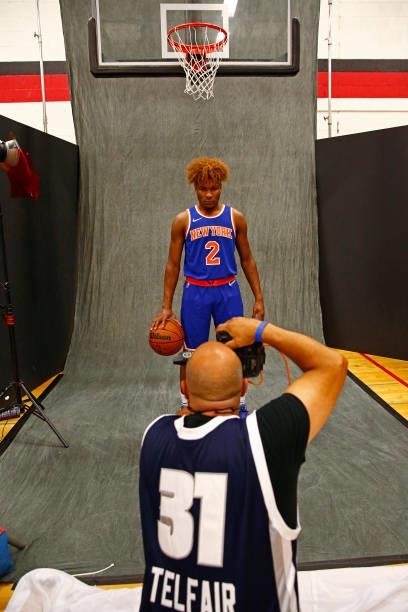 Behind the scenes photo of Miles McBride of the New York Knicks during 2021 NBA Rookie Photo Shoot on August 15, 2021 at UNLV Campus in Las Vegas,...