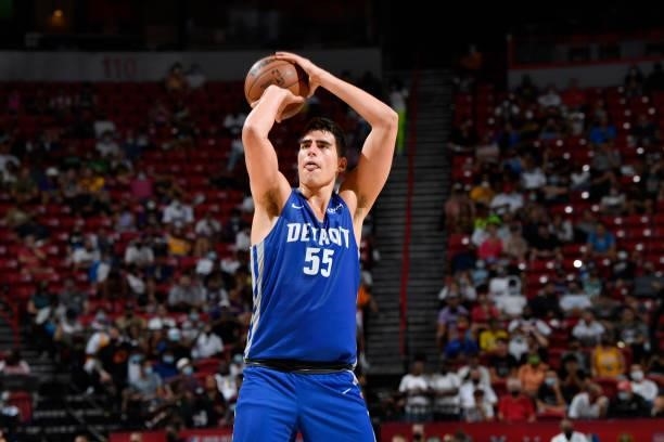 Luka Garza of Detroit Pistons shoots a free throw against the Los Angeles Lakers during the 2021 Las Vegas Summer League on August 14, 2021 at the...
