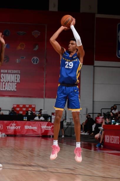 Derrick Alston Jr. #29 of the Golden State Warriors shoots a three point basket against the New Orleans Pelicans during the 2021 Las Vegas Summer...