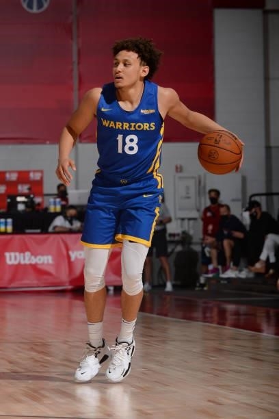 Colbey Ross of the Golden State Warriors handles the ball against the New Orleans Pelicans during the 2021 Las Vegas Summer League on August 15, 2021...