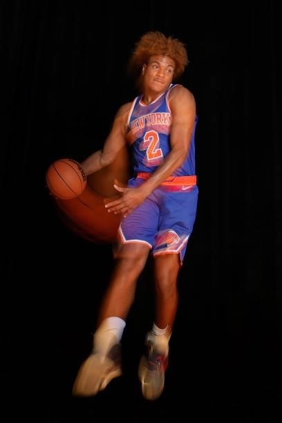 Miles McBride of the New York Knicks poses for a portrait during 2021 NBA Rookie Photo Shoot on August 15, 2021 at UNLV Campus in Las Vegas, Nevada....