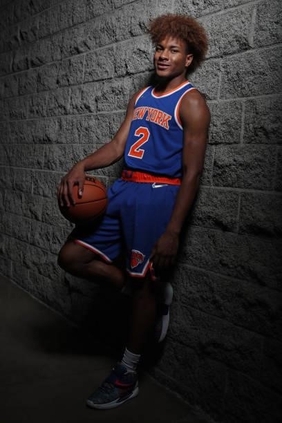 Miles McBride of the New York Knicks poses for a portrait during 2021 NBA Rookie Photo Shoot on August 15, 2021 at UNLV Campus in Las Vegas, Nevada....