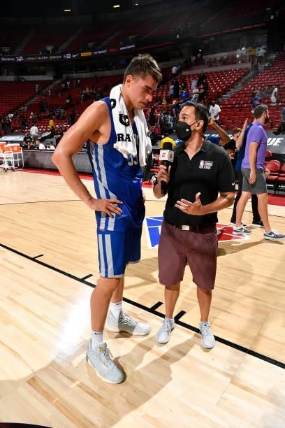 Luka Garza of Detroit Pistons is interviewed after the game against the Los Angeles Lakers during the 2021 Las Vegas Summer League on August 14, 2021...